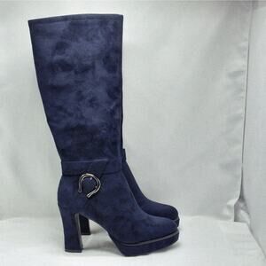 Impo Womens High Heel Boots Size 8 Blue Knee High Faux Suede Platform Stretch